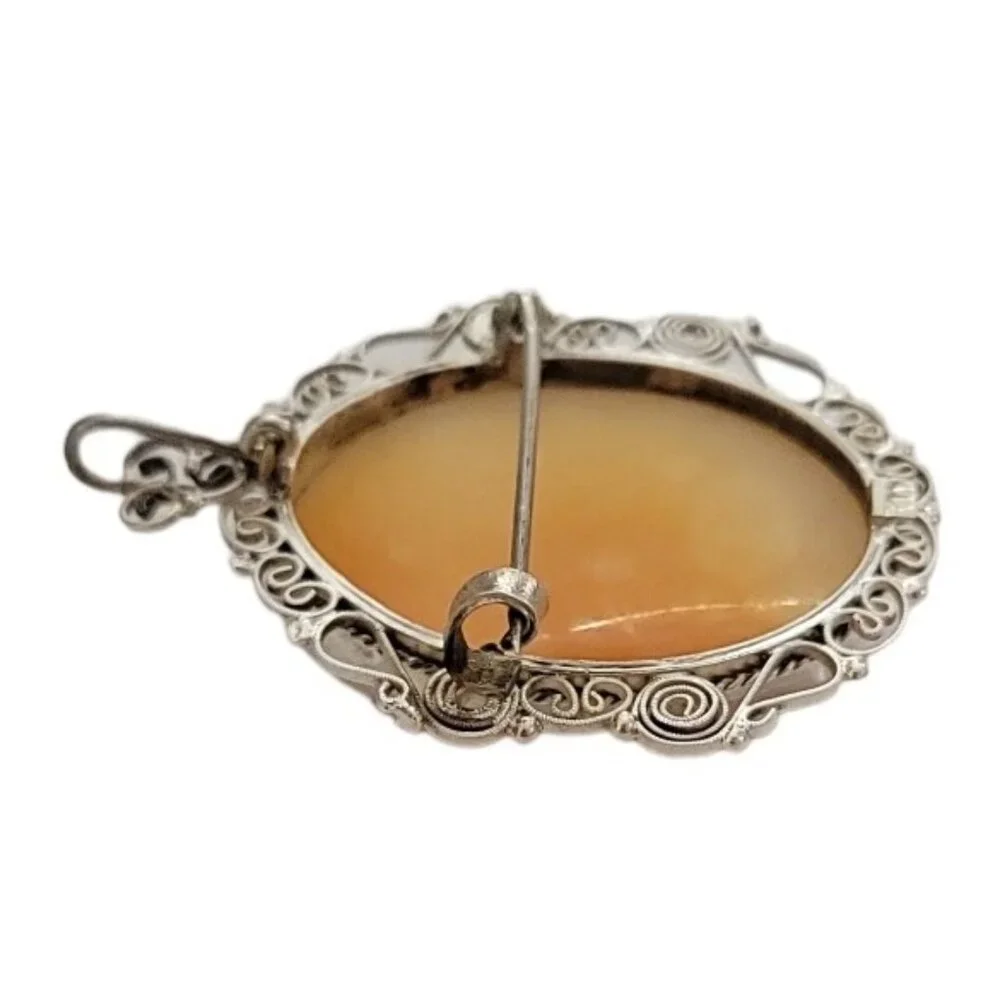 800 Sterling Silver Carved Shell Cameo C-Clasp Brooch Pendant K91 - Picture 5 of 11